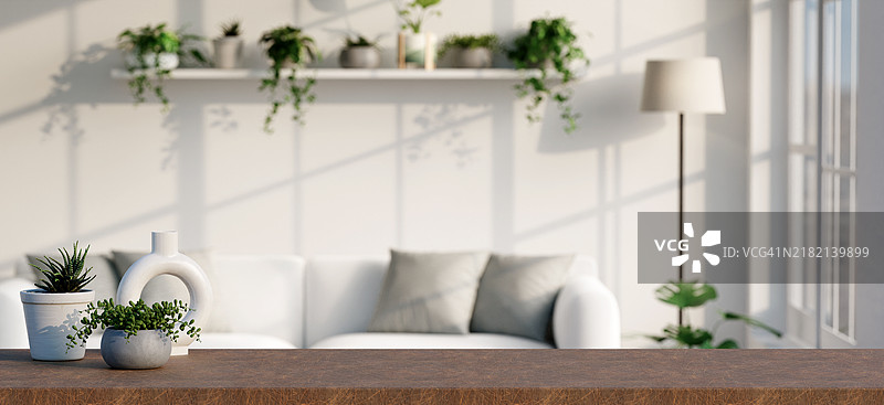 宁静的客厅，绿意盎然，现代装饰的3D渲染图图片素材