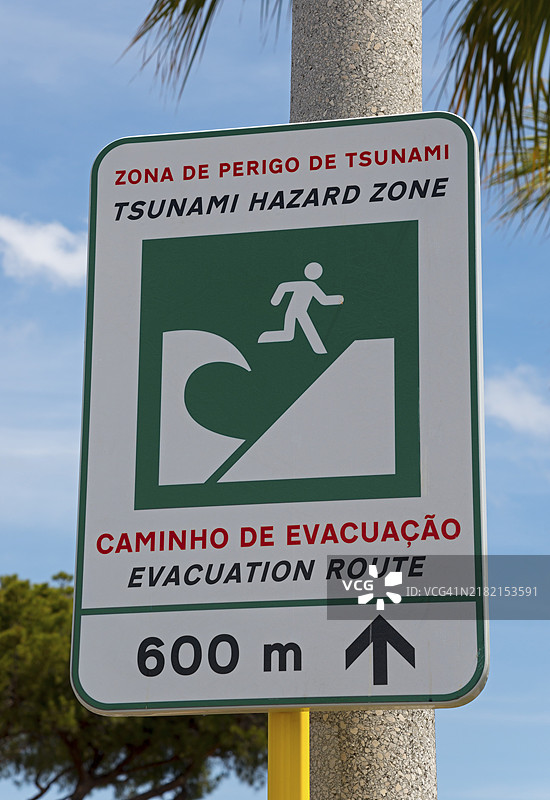 海滩附近的海啸危险区警告标志，带有疏散通知，维拉莫拉，法鲁，阿尔加维，葡萄牙，欧洲图片素材