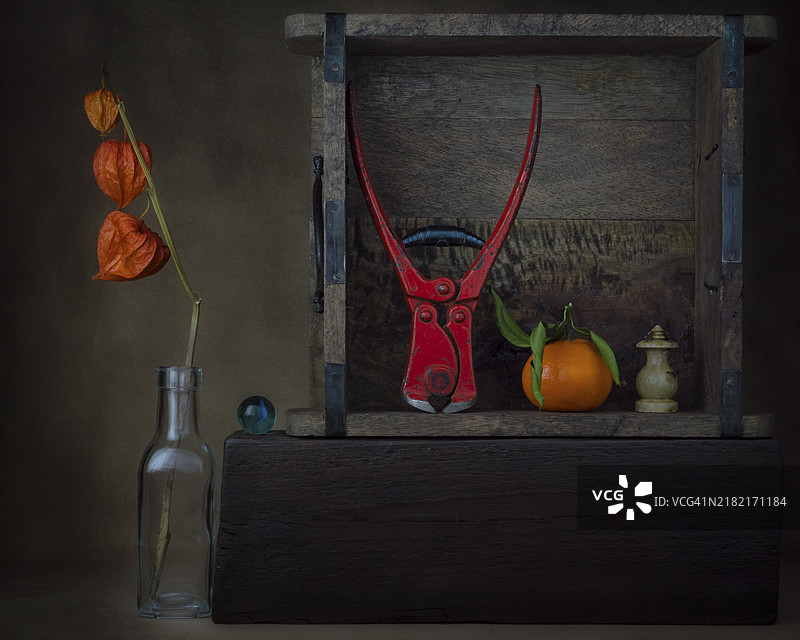 静物作品：玻璃瓶中的灯笼果、玻璃球、钳子、橘子和香炉，工作室拍摄，深色背景图片素材