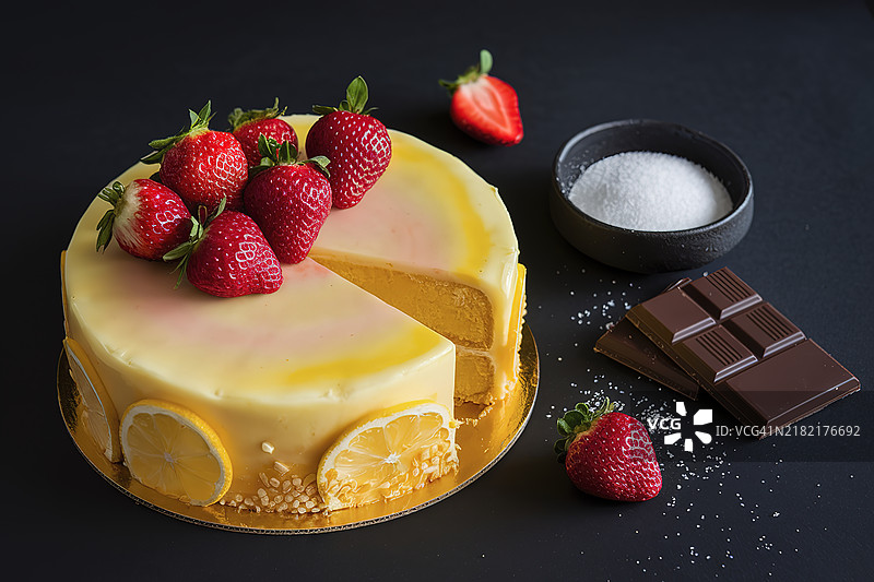 一张柠檬蛋糕配草莓、糖和巧克力的照片图片素材