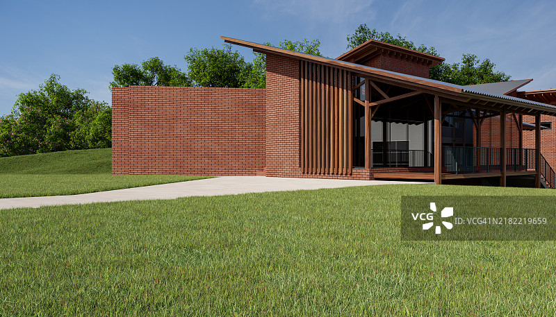 绿草如茵的草坪与郁郁葱葱花园中的乡村别墅图片素材