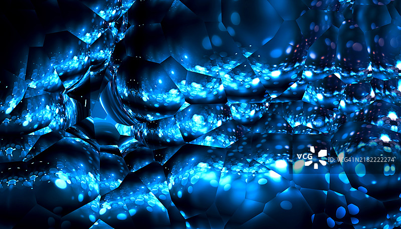 蓝色抽象水晶纹理，带有反射光粒子。一个迷人的蓝色泡泡状抽象纹理，类似水晶结构，充满反射光粒子，营造出深度和光辉感。图片素材