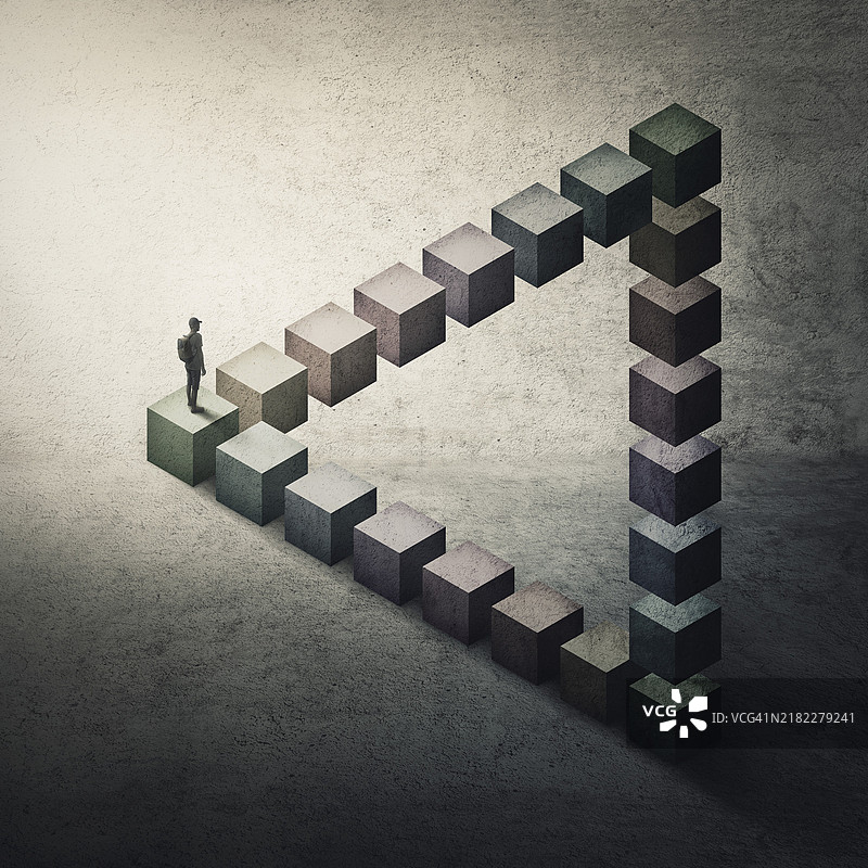 迷失且困惑的男人在彭罗斯三角形上走着，显得困惑不已。迷茫的人望着前方，不知道该选择哪条路。超现实且概念化的场景，心理迷宫，视觉错觉。图片素材