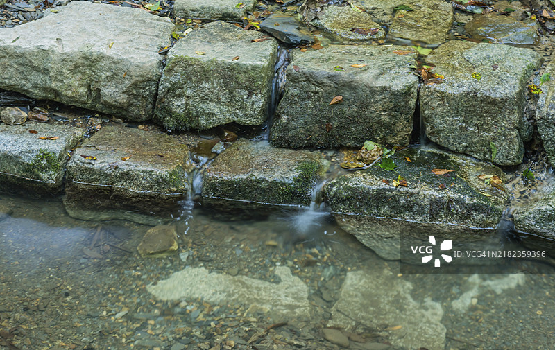 阳光明媚的夏天，在韩国的人工浅溪上，水流从平坦的石头上倾泻而下的特写镜头图片素材