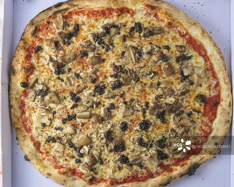 薄脆有嚼劲的蘑菇松露披萨，配有浓郁的奶油酱、土味野生蘑菇和一抹芬芳的松露油。图片素材