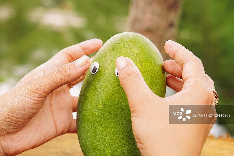 精心挑选的乐趣：手中的芒果。表情符号概念图片素材