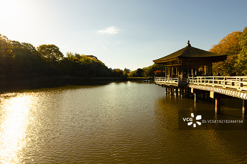 奈良公园的鷺池上的浮御堂图片素材