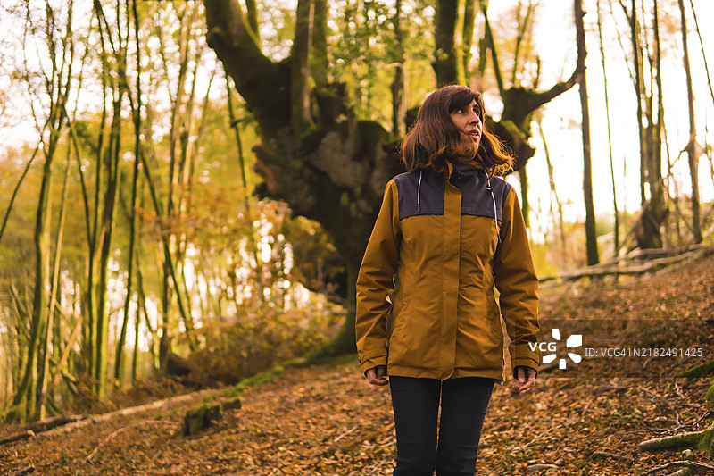 生活方式，一位穿着黄色夹克的年轻女性在秋天的森林中。西班牙巴斯克地区吉普斯夸省圣塞巴斯蒂安的阿尔提库扎森林。图片素材