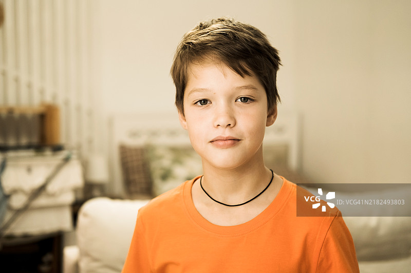 一位严肃的白人少年在客厅的肖像。图片素材