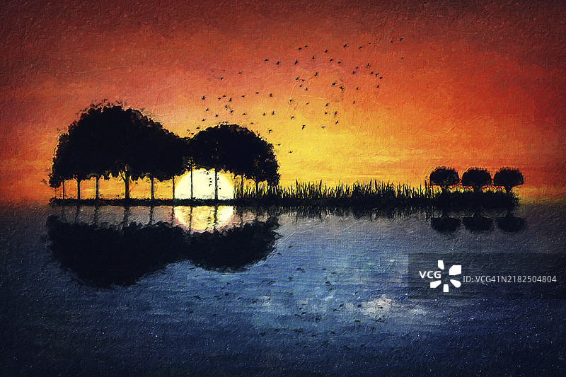 吉他岛的画作，白天映射入夜晚，日落映衬着星空的倒影。神奇的场景中，岛上的树木生长成乐器的形状。图片素材