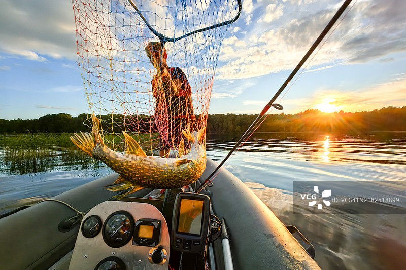 今日捕获 - 日落时分，船上渔网中的大梭鱼，背景是风景如画的湖泊景色图片素材
