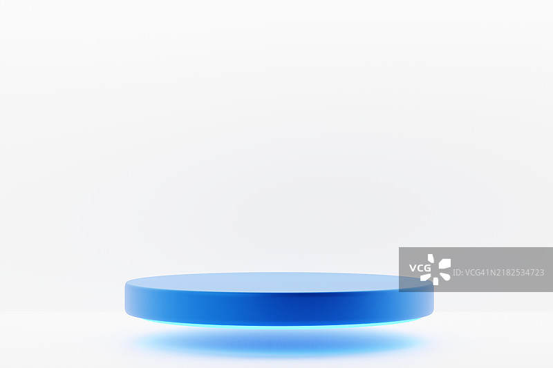 蓝色广告讲台。白色背景配有蓝绿色霓虹灯。图片素材