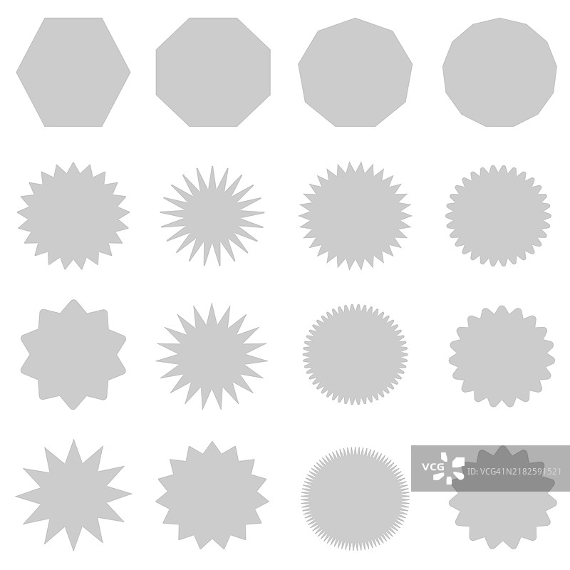 一组红色星形爆炸图案，星形标签。灰色图标在白色背景上。图片素材