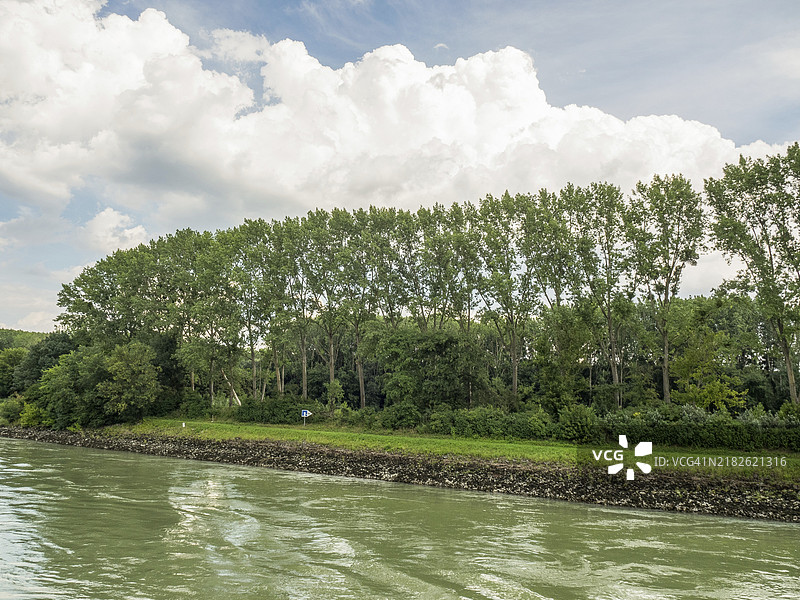多瑙河沿着林木繁茂的河岸流淌，天空多云的布达佩斯风景图片素材