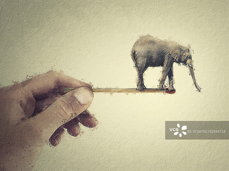 超现实主义画作，描绘一只小象在一个人手中的火柴边缘上保持平衡。奇特的概念，濒危动物依赖人类的行为。图片素材