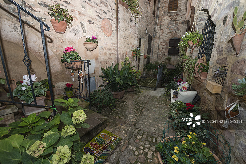 意大利斯佩洛的花卉装饰街角图片素材