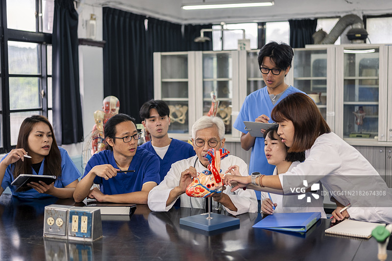 一位经验丰富的年长亚洲男性教授在解剖教室里使用人体和器官模型教授人体解剖学，向年轻的护理和医学学生分享他的专业知识和经验。图片素材
