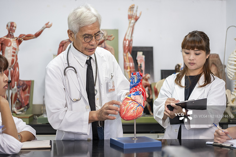 一位经验丰富的年长亚洲男性教授正在解剖教室里使用人体和器官模型教授人体解剖学，向年轻的护理和医学学生分享他的专业知识和经验。图片素材