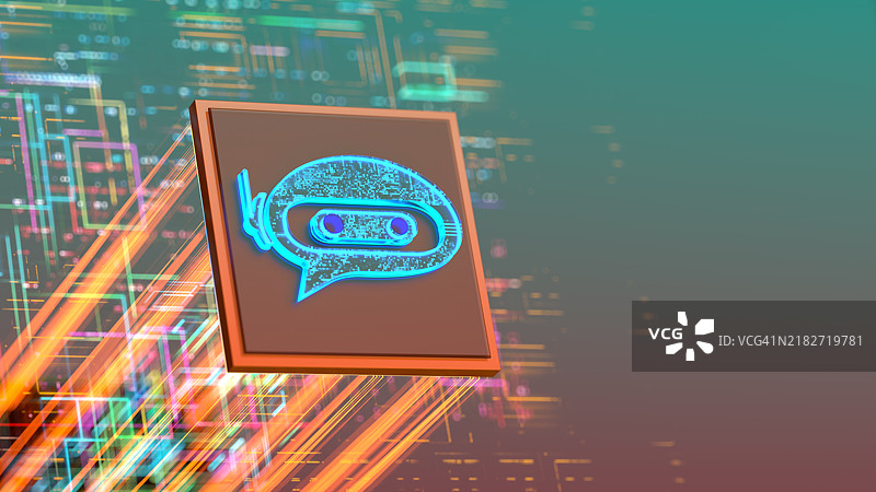 人工智能 - 聊天机器人标志。人工智能概念。数字中央处理器上的对话气泡与抽象数据代码。图片素材