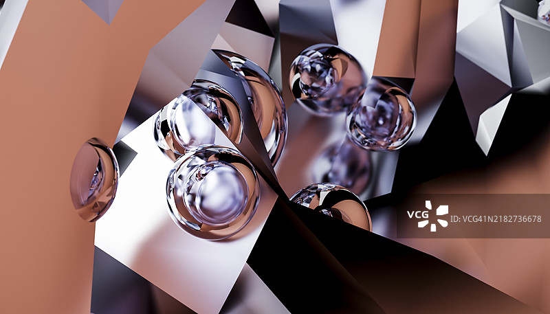 一组棕色几何晶体中的球体，呈现3D抽象图像的正面视图图片素材