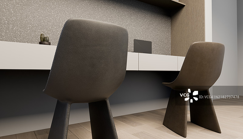 公寓房间内桌子架子上两把空椅子的后视和侧视图图片素材
