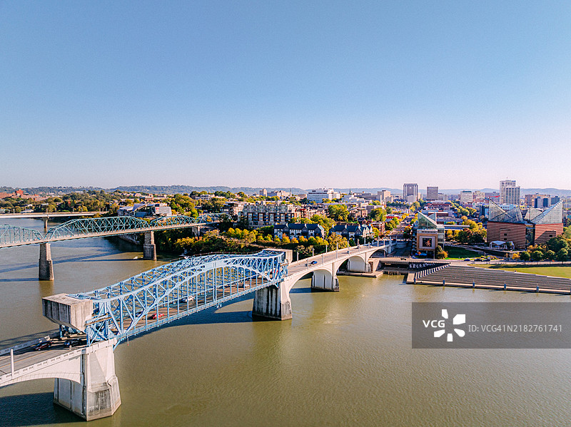 约翰·罗斯大桥的高空视角与田纳西州查塔努加的天际线图片素材
