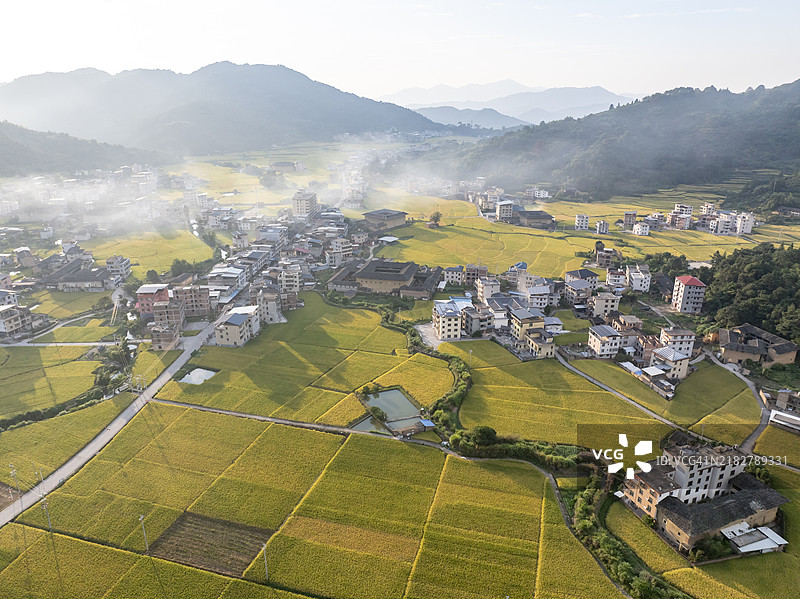 秋季乡村稻田的航拍摄影图片素材