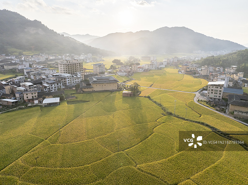 秋季乡村稻田的航拍摄影图片素材