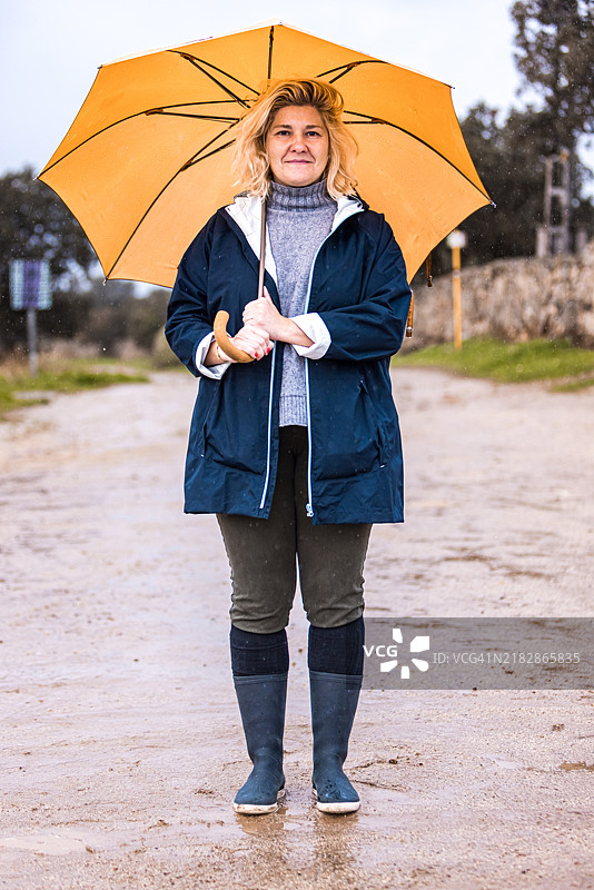 穿着蓝色和灰色羊毛高领毛衣的女人手持黄色雨伞遮挡雨水，正看着镜头。水，冬季，秋季，淋湿和下雨。图片素材