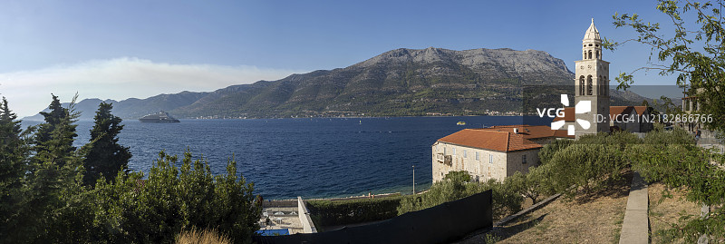 斯维特尼科拉教堂和修道院，全景视图，科尔丘拉，达尔马提亚，克罗地亚，欧洲图片素材