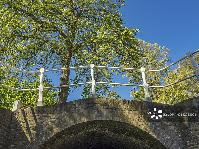 从底部视角看石桥，周围是绿色的树木和蓝色的天空，阿尔克马尔，荷兰图片素材
