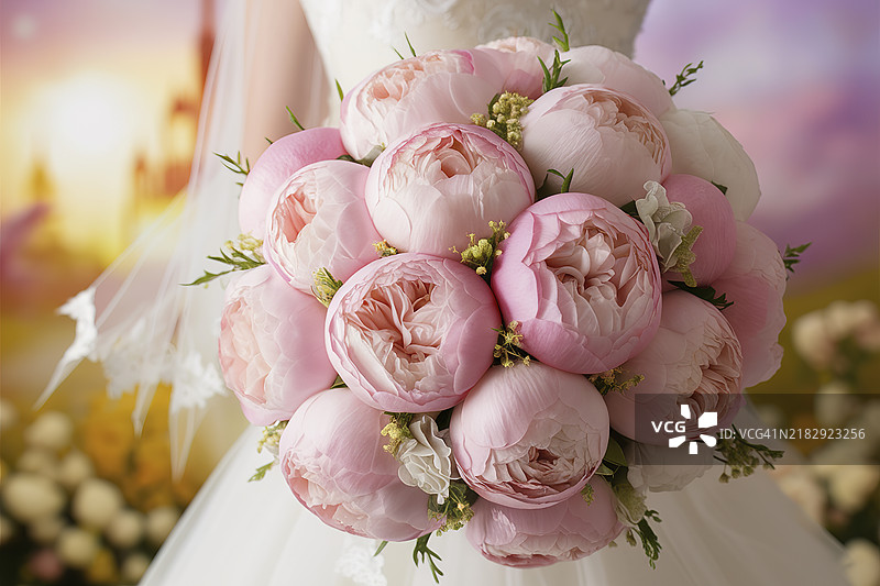 新娘手捧的精致粉色牡丹形玫瑰特写花束图片素材
