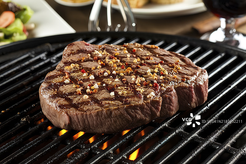 一张中等熟度的烤牛排，上面撒有香料，放在烤架上。图片素材
