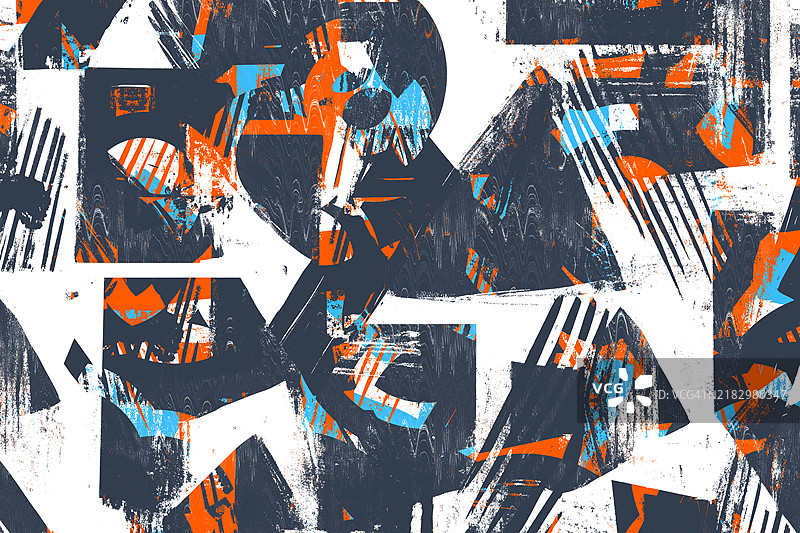大胆色彩的抽象城市涂鸦风格拼贴画。一个充满活力的抽象拼贴，展现城市涂鸦的氛围，包含黑色、橙色和蓝色的大胆形状。图片素材