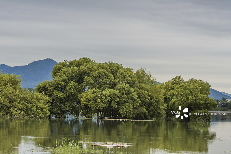 阴云密布的天空映照着一个宁静的湖泊，湖中有一个被茂密树木覆盖的小岛，位于韩国。图片素材