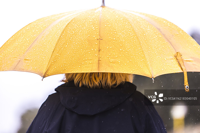 从背后拍摄的女性特写，穿着蓝色雨衣，手持黄色雨伞，遮挡着雨水。水，冬季，秋季，淋湿和下雨。图片素材