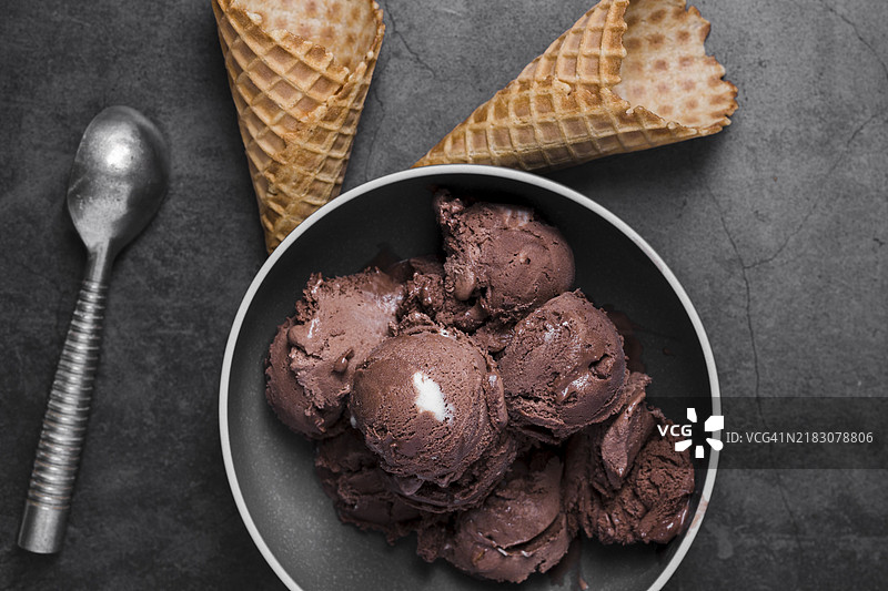 俯视图的盘子，上面放着巧克力冰淇淋球和冰淇淋筒。图片素材