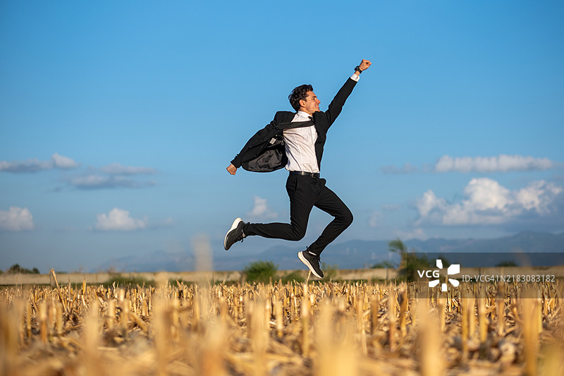 商人在收获后的空旷田野中高兴地跳跃。图片素材