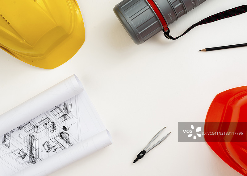 平铺的建筑师工具与留白图片素材