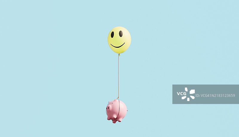 微笑的气球携带着一个储蓄罐图片素材