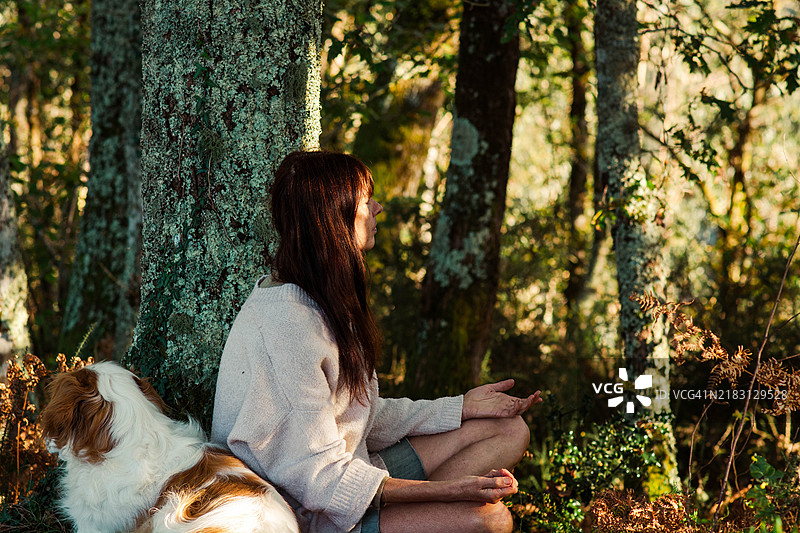 女人在森林中与她的狗一起冥想图片素材