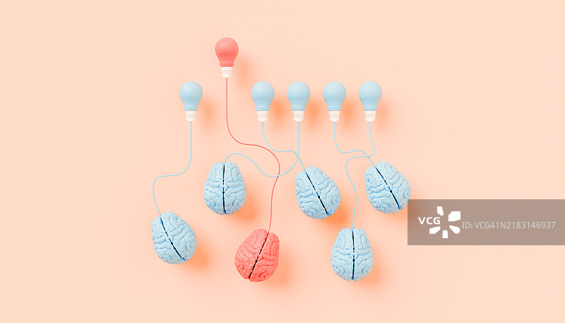 连接到人脑的灯泡，其中一个特别突出图片素材