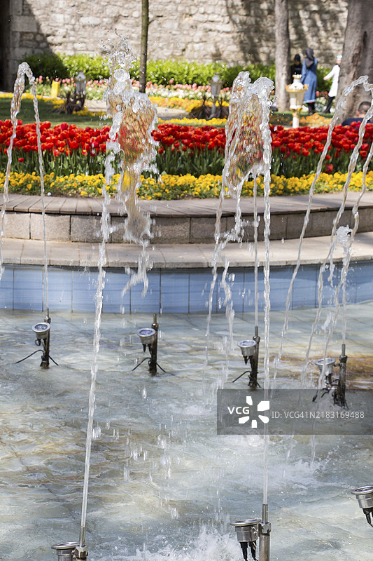 公园里池塘中的喷泉喷涌出闪闪发光的水。图片素材