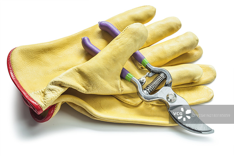 修枝剪和黄色皮手套孤立在白色背景上图片素材