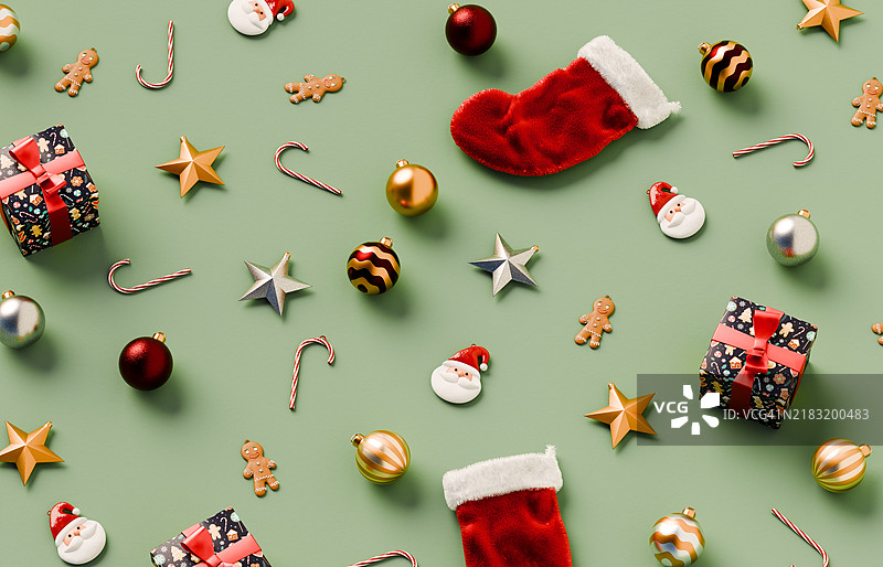 节日平铺的圣诞物品在绿色背景上图片素材