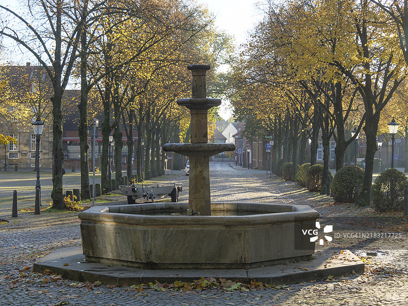 德国明斯特地区诺图尔恩的一个中世纪喷泉,位于秋季宁静的树荫大道上,灯光照亮的树叶和鹅卵石小路营造出宁静的氛围。图片素材