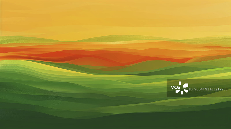 抽象的丘陵风景，呈现绿色和黄色渐变，营造出温暖的夏日氛围图片素材