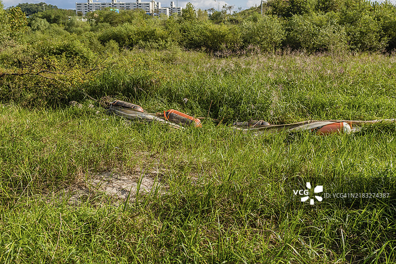 洪水过后，杂物散落在高草中，背景是韩国的公寓楼。图片素材