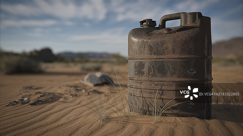 沙漠中一个生锈的旧燃料罐图片素材