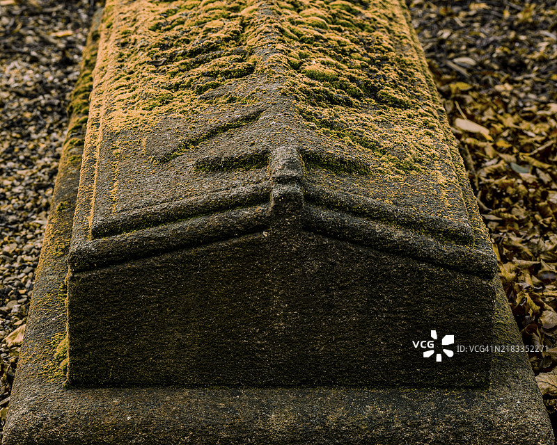 一个覆盖着苔藓的石棺在墓地中的细节视图，展现出纹理，营造出一种古老而阴森的氛围。图片素材